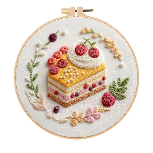 spicssa Embroidery Kit for Beginners Adults, Cross Stitch Kits with Pre-Stamped Patterns, 7.8-Inch Hoop, Threads & Needles, Step by Step Instructions, DIY Needlepoint Craft Women - color: Cake