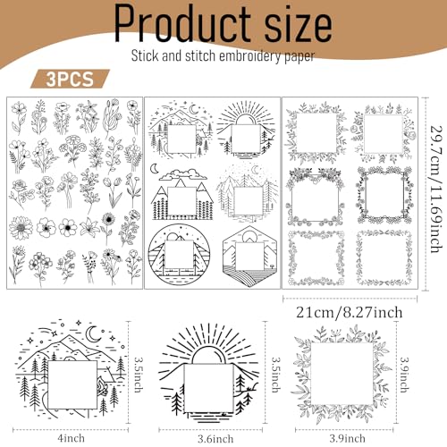 Water Soluble Embroidery Stabilizers for Hat - 3 Sheets 42 Pcs Stick and Stitch Self Adhesive Wash Away with Pre-Printed Flower Pattern for Cap Cloth Embroidery Hand Sewing Lover Beginners DIY Gifts - size: Pattern: Cap