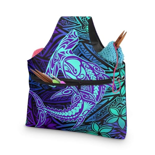 Polynesian Tribal Puletasi Yarn Tote Knitting Crochet Project Bag - color: Polynesian Tribal Puletasi Print, size: L-18.5x14x2.4in