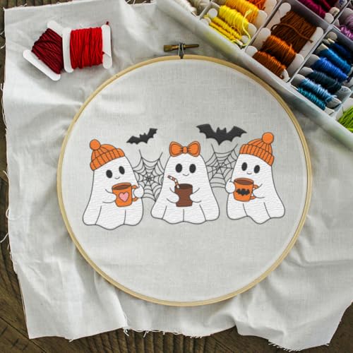19Pcs Halloween Ghost Water Soluble Hand Sewing Stabilizers, 8.3"x11.7" Ghost Pumpkin Embroidery Pattern Stabilizer, 4 Sheets Flower Ghosts Stick and Stitch Embroidery Paper Sticker