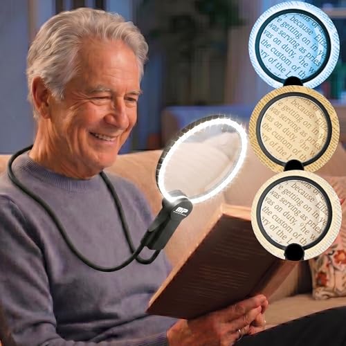 MAGNIPROS Hands-Free Magnifying Glass with Light for Seniors, 5X/10X Rechargeable GooseNeck Magnifier, 3 Color Light Modes, LCD Display, Reading, Sewing, Crafts