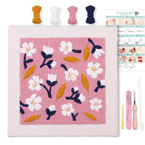 Embroidery Punch Needle kit Frame, Embroidery Starter Kits for Beginner,Punch Needle Fabric with Pattern,Threader, Yarns,Embroidery Hoops & Rug Punch(Pinksh White) - color: Pinksh white