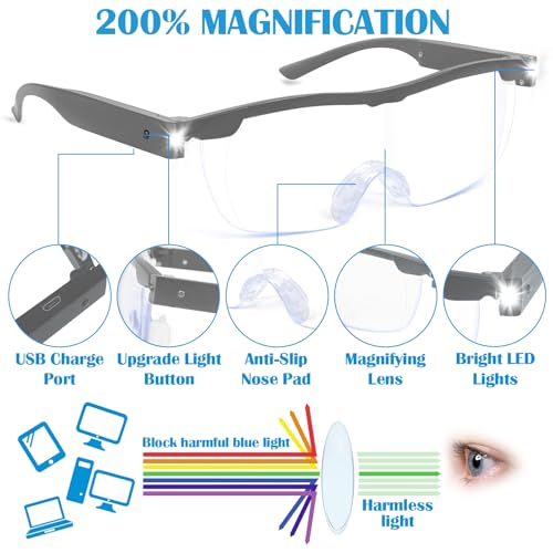 Magnifying Glasses with Light, 200% Magnification, USB Rechargeable - color: Gray