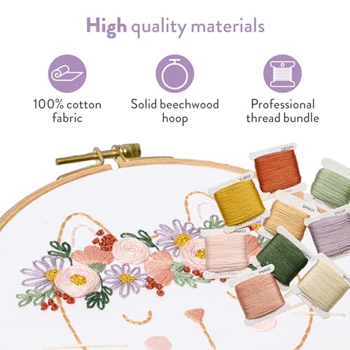 Clever Poppy Flora the Cat Beginner Embroidery Kit – Easy Embroidery Kit for Beginners with Hoop, Thread & Patterns – Hand Embroidery Kit for Adults and Teens – Complete Embroidery Starter Kit