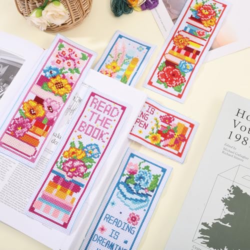 ORIGACH 6 Pcs Cross Stitch Bookmark Kit for Beginner Book Flower Stamped Embroidery Stitch Kits for Starter DIY Bookmarks Printed Cross Stitch Kits for Book Lovers - style: Book and Flower