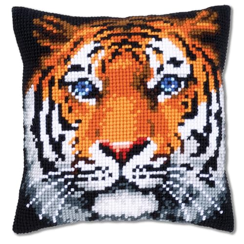 Vervaco Cross Stitch Embroidery Kits Pillow Front for Self-Embroidery with Embroidery Pattern on 100% Cotton and Embroidery Thread, 15,75 x 15,75 Inches - 40 x 40 cm, Tiger - color: multicolor