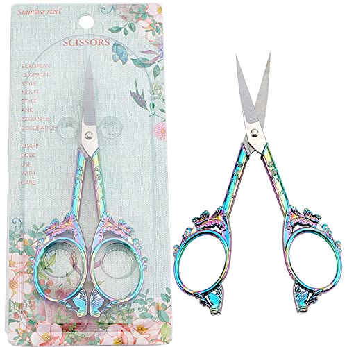 SUNNYCLUE 1Set 4.7Inch Stainless Steel Sewing Scissors Butterfly Pattern Vintage Style Pointed Tip Embroidery Shears for Sewing Crochet Cross Stitch Knitting Scissors Rainbow Color Printed Package - color: Rainbow Color-1pc-butterfly Scissors