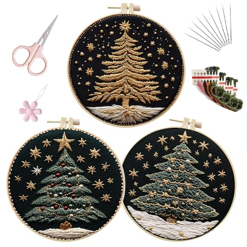 EOBTAIN 3 Pcs Merry Christmas Embroidery Kit for Beginners,Green Gold Christmas Tree Embroidery Starter Kit Xmas Winter Snow Stamped Patterns with Hoop,Thread,Needles,Hand DIY Craft Kits for Adults - color: Green Gold