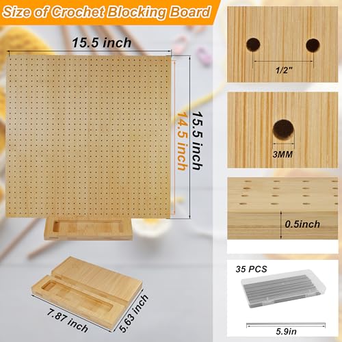 15.5" x 15.5"Foldable Crochet Blocking Board with Pins,Granny Square Blocking Board,Blocking Mats for Knitting with 35 5.9"Stainless Steel Rod Pins,Bamboo Crocheting Accessories Gifts for Crocheters