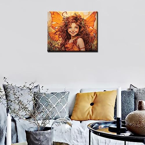 Angel Girl Butterfly Paint By Bumbers for Adults Beginner Cute Girl with Wreath DIY Paint by Numbers Acrylic Paint Canvas Orange Flower Bedroom Painting Kits Art 16x20 Inch （DIY Frame ） - color: Angel-03, size: 16''Wx20''H(DIY Frame)