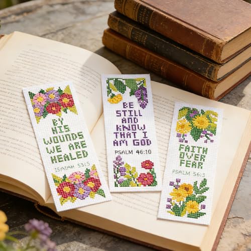 ORIGACH 6 Set Floral & Inspirational Verse Cross Stitch Bookmark Kit - style: Flower & Inspirational Verse