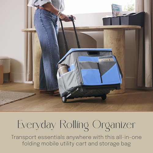 Folding Mobile Utility Cart, Canvas Organizer Bag, Blue/Grey - color: Blue/Grey