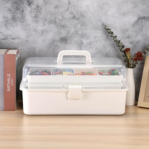 Tackle Box, 16-Inch Extra Large Art Storage Box with 3-Layer Folding Trays - color: White