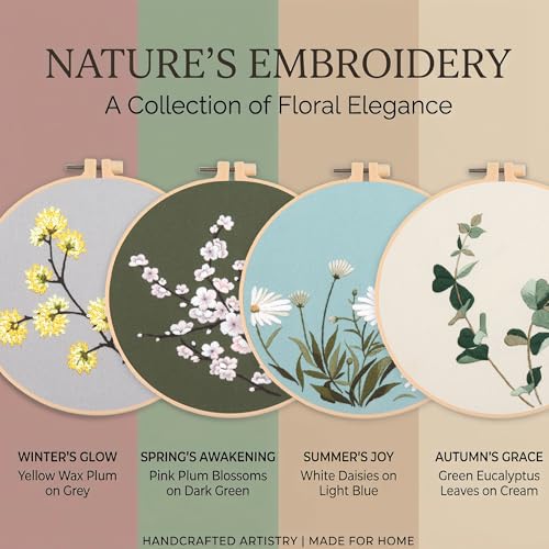 Harimau Adult Beginner Embroidery Starter Kit, Complete Set with 4 Patterns, 2 Hoops, Needles, Scissors, Instruction Guide & Stitching Video Tutorials - color: Floral8 pattern