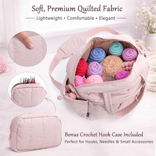MYBAGZING Large Crochet Bag Organizer w/Crochet Hook Case & Yarn Grommets - color: Pink