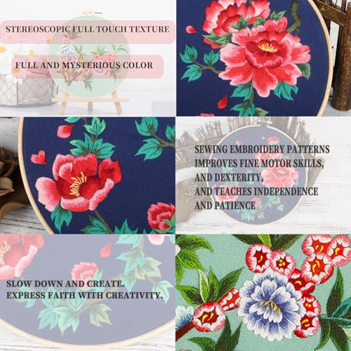 FONNUY 2 Set Crewel Embroidery Kit for Beginners, Fantasy Floral Pre-Stamped Pattern Kits for Adults with Hoop, Easy to Follow Needlework, 8'' (Red)