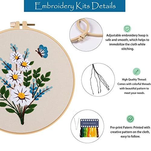 Embroidery Kit for Beginners,Cross Stitch Kits for Adults DIY Craft 3pcs Embroidery Pattern Needlework Fabric Embroidery Thread and Needles 1pcs Embroidery Hoop Adult Stitch Stuff Sewing Kit Gift - color: Flower