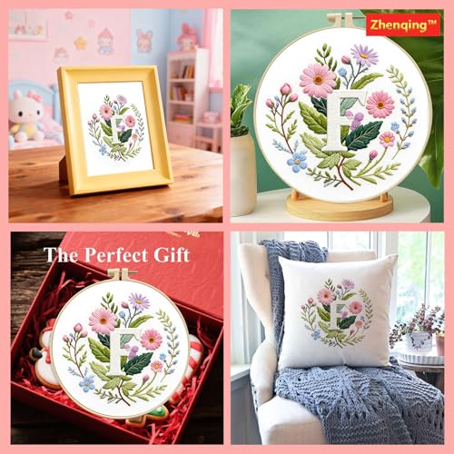 Zhenqing Letter F Embroidery Kit for Beginners, Pre-Printed 29x29cm Cotton Fabric with 20cm Hoop, Elegant Floral Monogram Design for Home Decor (C0089)
