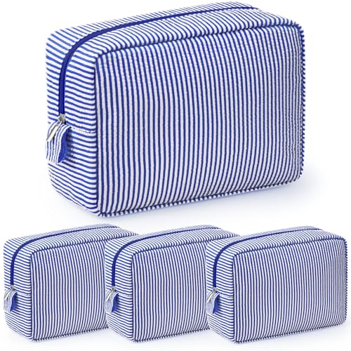 Sanwuta 3 Pcs Seersucker Makeup Bags, Navy Blue - color: Navy Blue