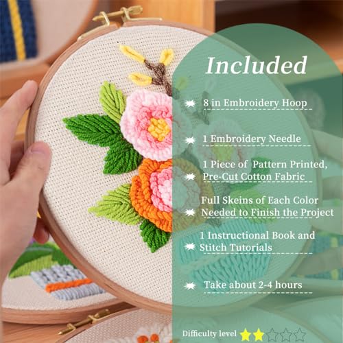 FONNUY Embroidery Kit for Beginners，3D Plants Flowers Pre-Stamped Pattern Kits Brightly Colored for Adults with Hoop (Pink Rose) - color: Pink Rose