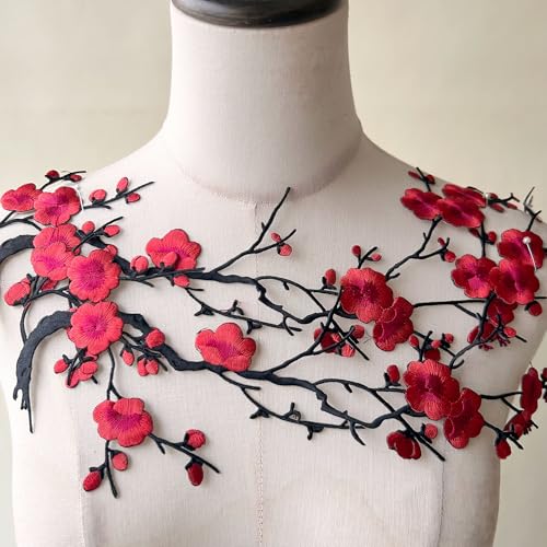 2pcs Iron on Plum Flower Applique Red Color Embroidery Vine of Floral for Clothing,Costumes - color: Red