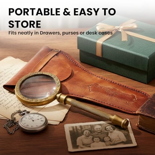 Brass Manifer Magnifying Glass with Leather Storage Case, Handmade Magnifying Lance, Vintage Look, Antique Style, Reading, Low Sight Elderly, Collectible - style: Brass Handel with Leather Case