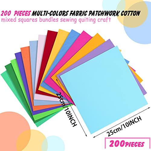 Tudomro 200 Pcs 10 x 10 Inch Solid Cotton Fabric Squares Bundle Fat Quarters Sewing Fabric Multicolor Precut Quilting Fabrics for Beginners DIY Sewing Patchwork Embroidery Craft