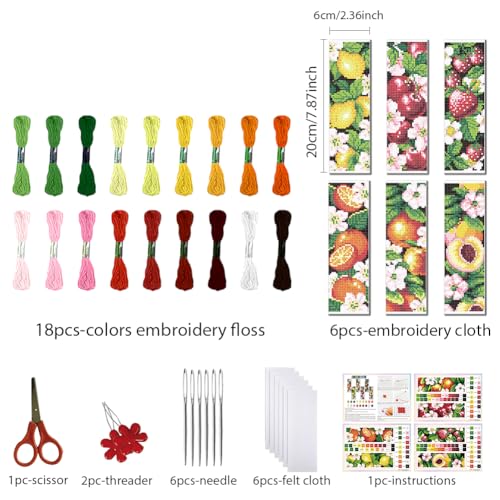 FREEBLOSS 6 Set Cross Stitch Bookmarks Kit Fruit&Flowers Stamped Cross Stitch Kit DIY Embroidery Bookmark Set with Instruction for Adults Beginners Gift for Reading Enthusiasts 8 * 2.4inch 11CT