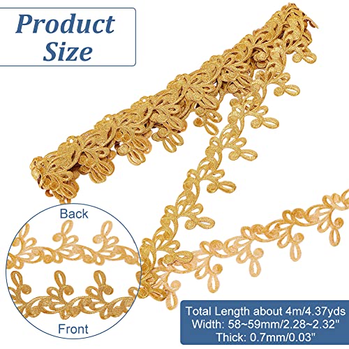 NBEADS 4.37 Yards Gold Embroidery Polyester Ribbons, 2.3 Inch Wide Adhesive Goldenrod Lace Trim Iron on Metallic Flower Lace for Sewing Costumes Gowns Home Decor Garment Accessories - color: 2.3 Inch Gold Ribbons