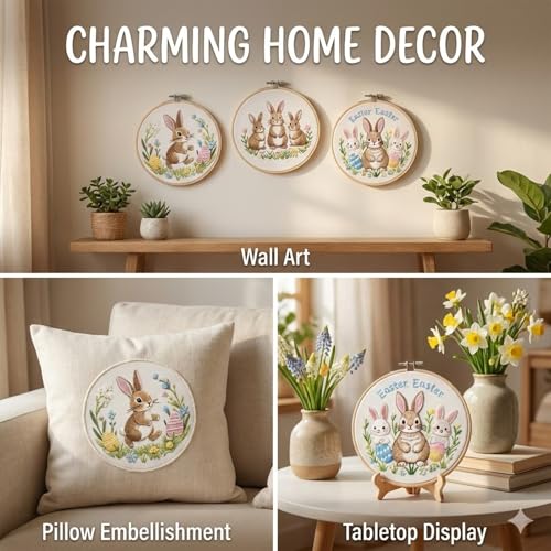 Draxion Embroidery Kit for Adult Beginners, 3 Pack Hand Easter Bunny Embroidery Starter Kit, Cross Stitch Needlepoint Kits with Hoop, Threads and Instructions