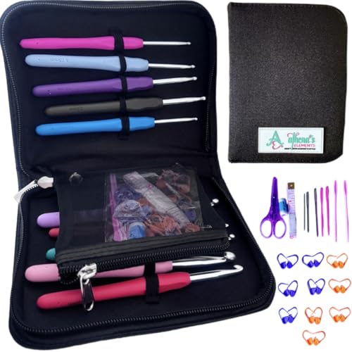 Athena's Elements 100% Accurate USA Standard Sizing - Perfect Crochet Hooks Case, Set with Removable Pocket, Complete Knitting Accessories (Black) - color: Black