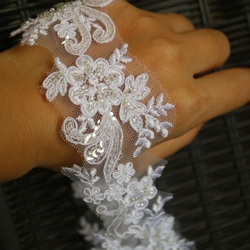 6cm*2yards Pure White Luxury Beaded Embroidery Flower lace Appliques for Wedding Dresses Rhinestone Applique Patches Embroidery lace parches ropa (Pure White Color)… - color: pure white color
