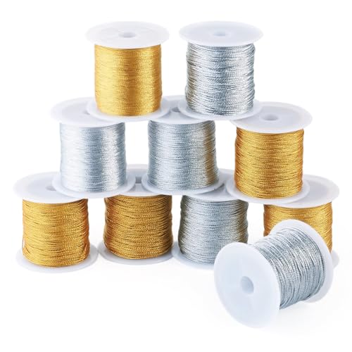 Craftdady 10 Rolls Gold Silver Color Metallic Threads 0.1mm 0.3mm 0.5mm 0.8mm 1mm Embroidery Sewing Cords Mixed Color 5 Sizes for Craft Making Embroidery and Decorative Sewing - color: Silver&Gold