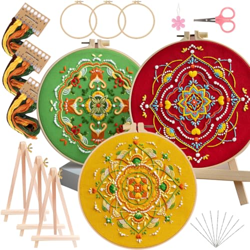 Qupace 3 Pcs Boho Embroidery Kits for Beginners Adults,Red Cross Stitch Sewing Craft Set with 3 Embroidery Hoops & 3 Finished Stands, Floral Pattern Needlework Kit - color: Red