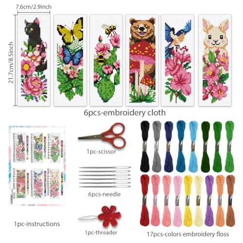 BEUNITONE 6 PCS Cross Stitch Bookmark Kit for Adults Beginners,Animal and Floral Pre-Printed Cross Stitch,DIY Stamped Embroidery Bookmark Kits,with Instructions,Craft Kit for Book Lovers 8.5''x3'' - style: Animals And Flower Plants