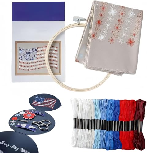 Red White & Bloom Embroidery Kit, US 250th Anniversary 365-Day Floral American Flag Cross Stitch Set for Beginners Adults, Veterans, Patriotic Craft Gift