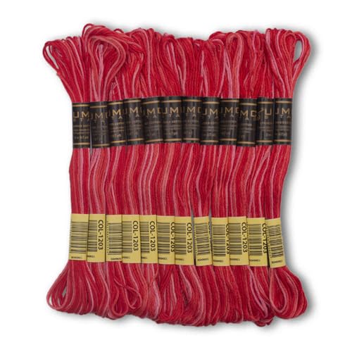 Pack of 12 Premium Embroidery Thread | 100% Egyptian Cotton Premium Skeins | Cross Stitch Embroidery Floss | Oeko TEX Certified | Ideal for Arts & Crafts (Red Variegated 1203) - color: Red Variegated 1203