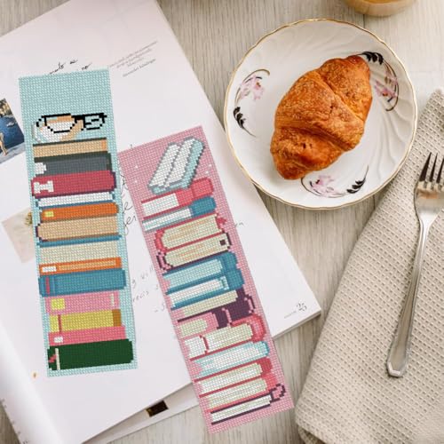 KYOQFVN 6 Pcs Bookshelves Cross Stitch Bookmark Kit for Beginner - Stamped Cross Stitch Kits for Adults - DIY Crossstitch Kits Adult with Instructions Hand Craft 14CT - color: SQSZX-003