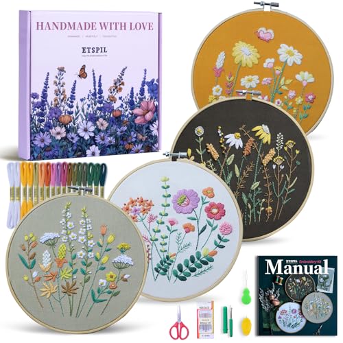 ETSPIL Embroidery Kit for Beginners, 2 Hoops, 4K Video, 4 Floral Patterns - color: flower A4