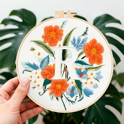 Zerzsy 7.87 '' Embroidery Kits Plant Flower Leaf English Letter Patterns for Beginners Adults, Easy to Learn Cross Stitch Kit for Home Office Decor - color: Letter R