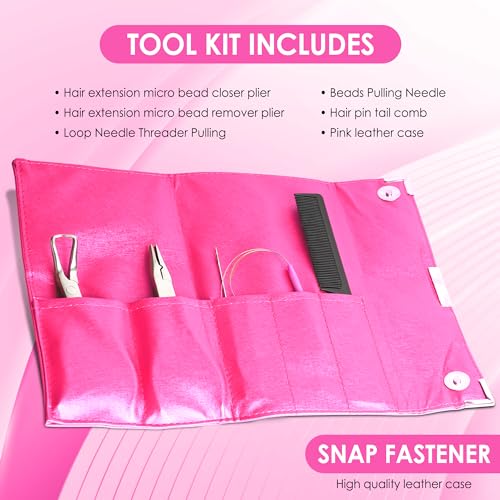 Beauty & Crafts Hair Extension Tools- Stainless Steel Pliers Set for Micro Beads- 1 Crochet Needle 1 Pulling Hook with Tail Comb- Micro Links Tool Kit with Leather Pouch- (Pink) - color: Pink