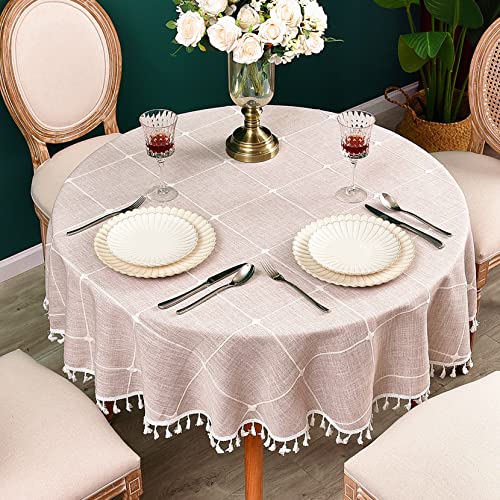 Cotton Linen Round Tablecloth Plaid Heavy Weight Table Cloth for Round Tables Checkered Tassel Table Covers for Kitchen Dining Room Tabletop Decoration, Diameter 70 inch, Coffee - color: Coffee, size: 70" (Round)