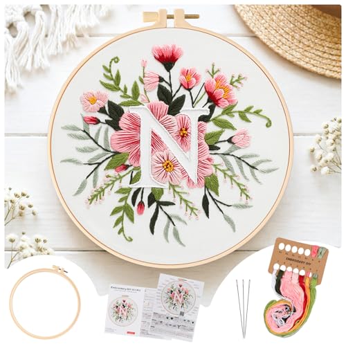 Zerzsy 7.87 '' Embroidery Kits Plant Flower Leaf English Letter Patterns for Beginners Adults, Easy to Learn Cross Stitch Kit for Home Office Decor - color: Letter N