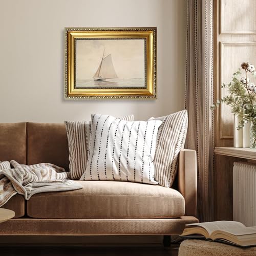 Gold Framed White Sailboat Seascape Wall Art Vintage Coastal Canvas Prints - color: Sailboat Gold Framed, size: 16"L x 12"W