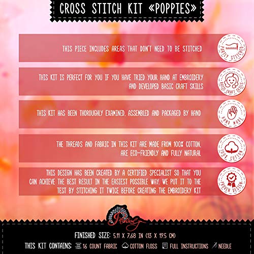 Povitrulya Counted Cross Stitch Kit “Poppies” | Poppy Wildflowers Hand Embroidery Kits for Adults | DIY Handmade Gift for Mother's Day - color: Poppies