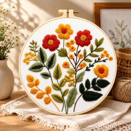 Zhenqing Floral Embroidery Kit for Beginners, Wildflower Botanical Needlework Kit with Pre-Printed Cotton Fabric, Hoop, Threads & Tools, Flower Wall Decor (C0126) - color: Vintage Wildflower