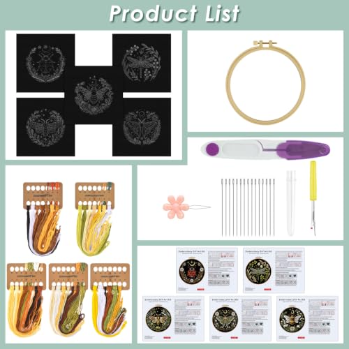 ERKOON Embroidery Kit for Adults, 5 Sets Flower Cross Stitch Set for Beginners Include Embroidery Cloth Hoops Threads for Craft Lover Hand Stitch with Skill Techniques (Starry Night) - color: Starry Night