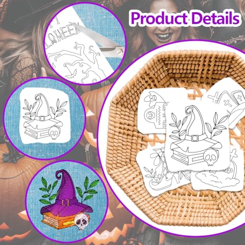 ORIGACH 4 Sheets Large Halloween Water Soluble Embroidery Stabilizers, Halloween Words Pumpkin Ghost Bat Patterns Stick and Stitch Embroidery Paper Hand Sewing Stabilizers for Embroidery Beginners - color: Halloween Words Pumpkin Ghost Bat