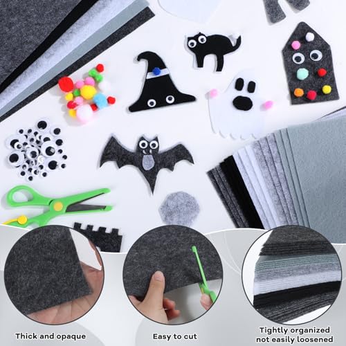 42Pcs Black Gray Fabric Sheets 8 x 12 Inch Assorted Soft Black Gray White Thick Felt Pack with Wiggle Google Eyes Pom Poms Glitter Patchwork Craft Supply for DlY Sewing Creative Art Project Decor - style: Black Series