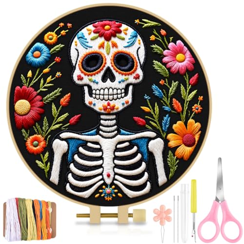 TINDTOP Embroidery Kit for Adult Beginners, Embroidery DIY Starter Kit, with Stamped Patterns, Hoop, Tools, Colorful Threads with Needles, Instructions (Skeleton C) - color: Skeleton C